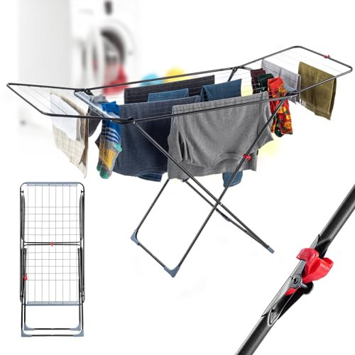 KADAX Wäscheständer mit 18m Trockenfläche Anthrazit mit Rollen & Sockenaufhänger, ideal für Wohnung Balkon & Garten, klappbarer Flügelwäschetrockner mit rutschfesten Füßen, platzsparend, Made in EU