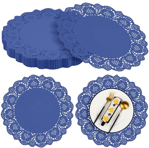 MCEAST Runde Blaue Papierdeckchen, 34,9 cm, Spitze, rustikale Jakobsmuscheldeckchen, Einweg-Papier-Tischunterlagen für Lebensmittel, Kuchen, Handwerk, Party, Hochzeiten, Geschirr, Dekoration, 100