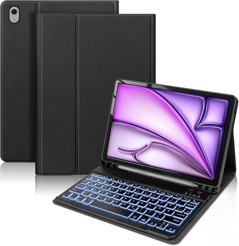 KTOITION Funda con teclado para iPad Air de 11 pulgadas M4 2026/M3 2025/M2, Air 5/4 Gen 10.9 pulgadas, iluminación teclado QWERTZ alemán con soporte magnético ajustable, negro