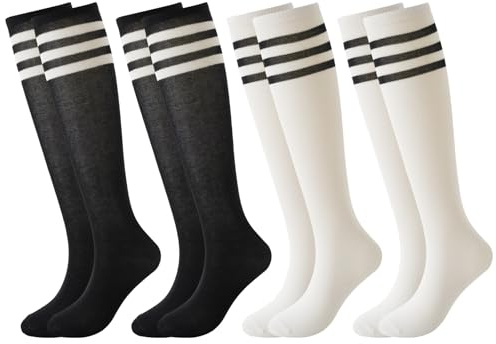 BONANGEL 4 Pairs Kids Football Socks Boys Girls 3-6 6-8 9-12 Years | Knee High School Socks Black White Athletic Long Sleeves Cotton Sports Soccer Training Socks for Junior