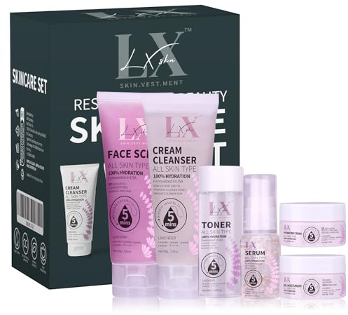 LXSKN Skin Care Set - 6 Step Face Care with Cleanser Face Scrub Toner Serum Gel Moisturiser & Hydrating Cream to Reveal Glowing Skin
