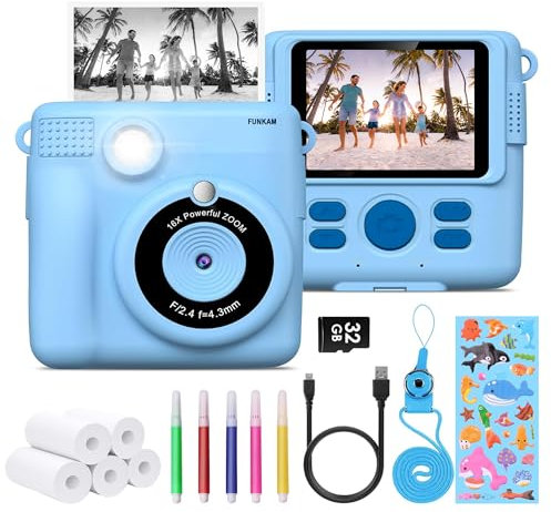FUNKAM Kinderkamera Sofortbildkamera 1080P 2,4 Zoll Bildschirm Sofortbildkamera Kinder mit Druckpapier & 32GB TF Karte, Digitalkamera Kinder mit bunten Stiften Geschenk für Kinder 3-12 Jahre