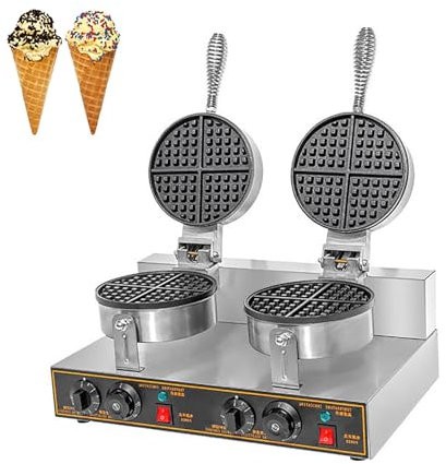 VoOqo Electric Waffle Cone Maker Machine, 1200W Electric Ice Cream Cone Waffle Maker Machine,220V Non-stick Waffle Iron Maker,timer 1-5 Min, Temp Range 50-250 °C for Restaurant Bakeries double head