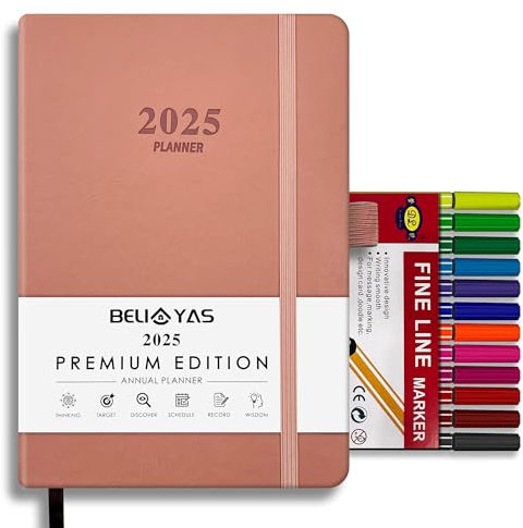 BELIAYAS Terminkalender 2025 A5, Terminplaner Softcover mit PU-Leder, 12-Monate-Kalender (Jan.2025-Dez.2025) mit 12 Farben Fineliner-Stift(0.4mm), 1 Tag 1 Seite, 201 Seiten, Rosa