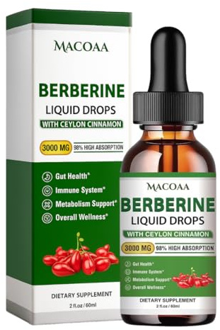 Berberine Supplement 3000mg High Strength, 100% Absorption with 3X Berberine 1000mg High Strengh Concentration, Natural Ingredients, Green Apple Flavour, 60ml