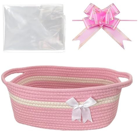 Hiseng Cestini Portaoggetti Intrecciato in Corda di Cotone con Manici, Cesti Regalo Vuoto con Sacchetti Regalo e Fiocchi, Cestini Regali per Natale, Matrimoni, Compleanni, Pasqua (Rosa Bianco)