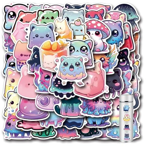 50 Pcs Cute Stickers, Rainbow Starry Sky Cat Stickers, Cartoon Animals Vinyl Sticker, Waterproof Starry Sky Cats Kawaii Animal Stickers, Cute Aesthetic Waterproof Vinyl,for Teens,Girls,Kids and Women