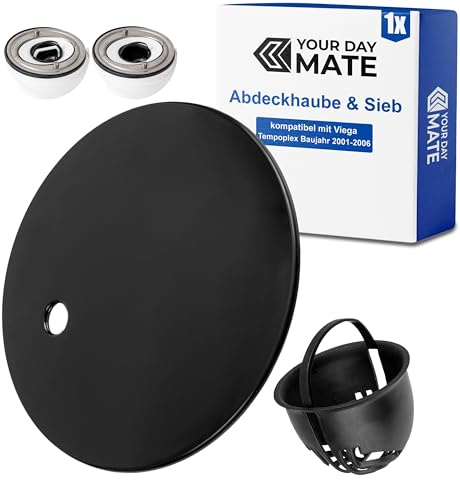 Abdeckhaube Set mit Haarsieb für Duschabfluss, Ø 112 mm, kompatibel mit Viega Tempoplex Ablauf Baujahr 2001-2006, schwarzer ABS ASA Deckel, Haarfilter, Kappe Dusche Abfluss, Garnitur Abdeckung Wanne
