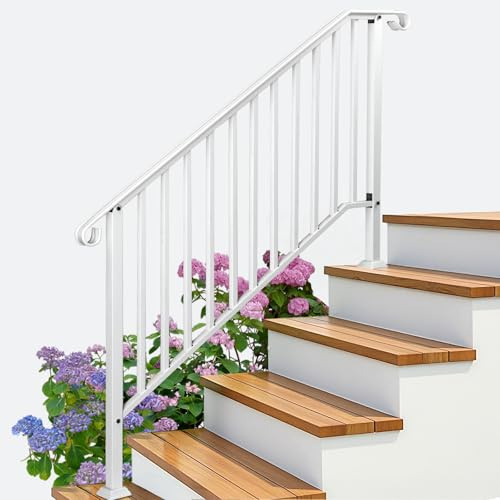 Outopee Handrails for Outdoor Steps, Galvanized Iron Exterior Handrail, Fit 4 or 5 Steps Stair Railing, Banister with Installation Kit for Stairs, Garden, House Entrance, Backyard & Balcony, White