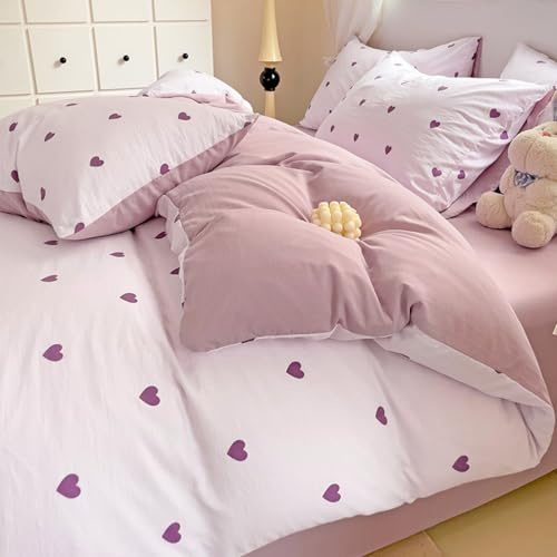 Freyamy Herz Bettwäsche 135x200 Herzen Lila Violett Mädchen Bettwäsche Set | Aesthetic Bettwäsche, 2teilig Bettwäsche-Sets, Microfaser ÖKO-TEX Bettbezug mit Reißverschluss und 1 Kissenbezug 80x80cm
