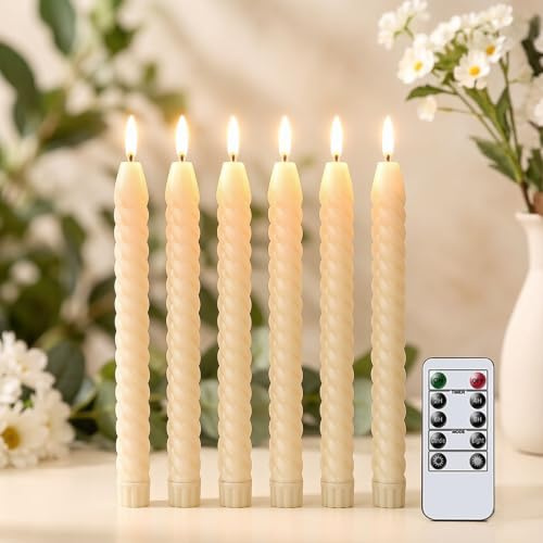 Weiongppy LED Stabkerzen Set, 6er Pack Flammenlose Kerzen mit Fernbedienung & Timer, Batterie betrieben, Warmweiß Flackernd, Weihnachtsdeko, Hochzeit, Halloween, Kamin, Party, 2 x 25 cm (Beige)
