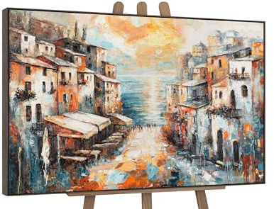 YS-Art Dipinti acrilici colorati su tela dipinti a mano quadri di paesaggi da parete per soggiorno ufficio moderno quadri di paesaggi reali con cornice bianca 140x100 cm