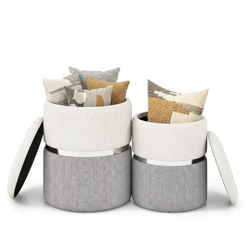 COSTWAY 2er-Set Sitzhocker Samt, Ottomanen mit 32L + 21L Stauraum, Pouf Hocker, runde Couch Beistellhocker Fußhocker für Wohnzimmer & Schlafzimmer, Schminktisch (Grau)