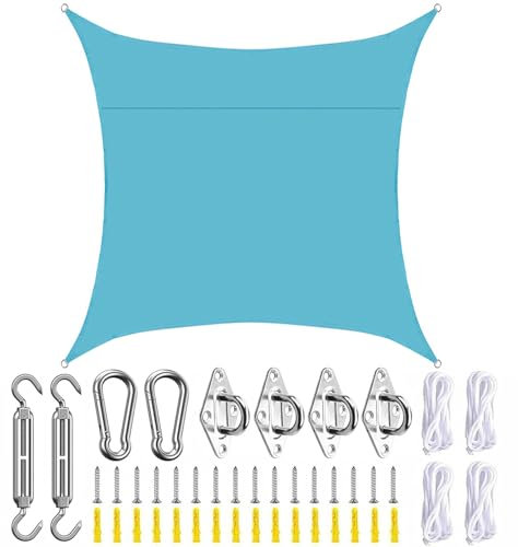 SLDAGe Tenda Vela Quadrata Blu, Vela Ombreggiante Rettangolare Impermeabile, Tela Vela Ombreggiante Traspirante, Telo Ombreggiante con Set di Fissaggio, Tenda a Vela per Esterno Terrazzo,5X5m