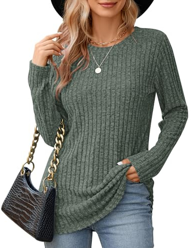 WNEEDU Damtröjor rund hals långärmade toppar kvinnor lätta mjuka sweatshirts vardaglig höst randig tröja tunika skjortor, Olivgrön, XL