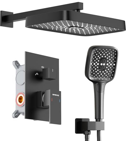Ronvie Unterputz Duscharmatur Set, 12 Zoll Quadratischer Duschsystem Unterputz mit Regendusche, Duschset Unterputz Komplettset mit Handbrause Schwarz