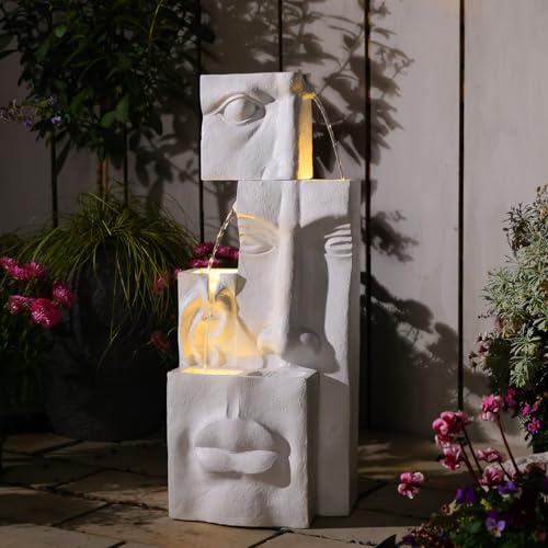 Bumilgar 89CM Garden Water Features with LED Lights, 3-Tier Modern Resin Plaster Cast Outdoor&Indoor Water Fountain for Yard, Balcony, School, Patio, Home Decor, White