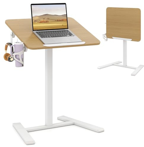 COSTWAY Beistelltisch höhenverstellbar mit versteckten Rollen, Stehtisch mit 90° neigbarer Tischplatte, Haken und Becherhalter, Stehpult, Steh-Sitz Schreibtisch, Laptoptisch für Wohnzimmer