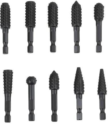 eMagTech 10pcs 1/4 Inch 6.35mm Shank Rotary Burr Rasp Set Carbon Steel Wood Carving Drill Bits for Electric Drills and Grinders