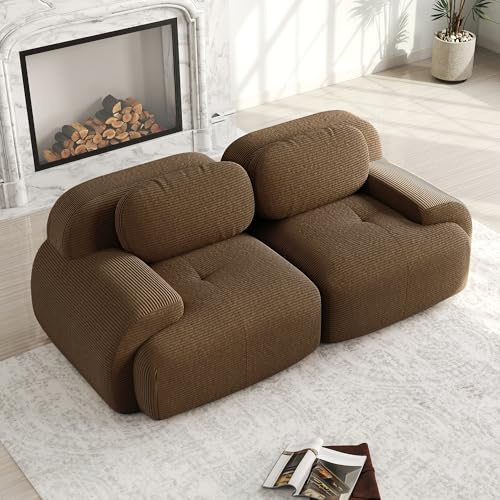 Sofá moderno de pana Loveseat modular de 2 plazas para salón con reposabrazos curvos, sin montaje - base antideslizante, acolchado de alta elasticidad (marrón, 2 plazas)