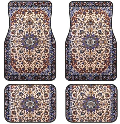Ensemble de 4 Tapis de Sol orientaux Bleus à Motif Persan Antique - Convient aux Voitures, SUV et camions | Lavables en Machine