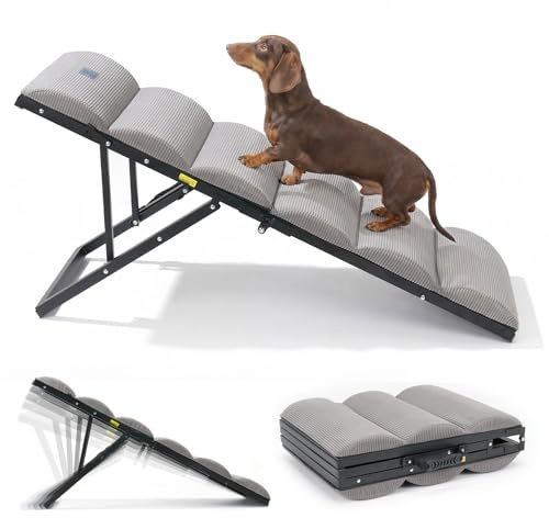 Veehoo Dog Ramp for Bed Couch Small Large Dogs, Foldable Pet Ramp 17“-23''H | 5 Adjustable Height Portable Dog Ramps for Beds Bedside Folding Doggy Stairs Metal Frame for Senior Dogs, Up to 130lbs