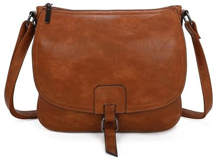 Leeray® Women Crossbody Satchel Handbag with Full Flap - Brown - Adjustable Long Strap, Zip Closure, Faux Leather Shoulder Bag for Casual & Travel Use