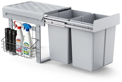 lovewind Abfallsammler Tandem, 2×20L, Mülleimer küche, Mülltrennsystem für Unterschrank，Stahlrahmen, ABS-Deckel Mülltrennung als Vollauszug mit Teleskopschienen, Dunkelgrau