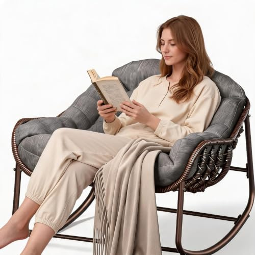 Fauteuil à Bascule Extérieur en Rotin,Structure Acier, pour Salon Patio | Fauteuil de Jardin avec Style œuf, Assise Moelleuse, Armature Métallique Robuste, pour Terrasse, Véranda, Chambre