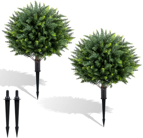 COSTWAY Set of 2 Artificial Topiary Ball Trees, Faux Shrub Bushes with Ground Spikes, Indoor Outdoor Sun-proof Fake Floral Greenery Topiary Plants for Porch, Garden, Yard (100 cm, Cypress Tree)