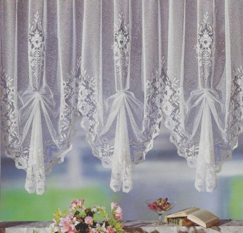 heimtexland Gardine, Hochraff-Store mit Universalschienenband (Kräuselband), 145cm hochgerafft x 4 Bögen für Dekobreite 190-240cm, Weiß, Klassisch mit Blumenmuster, 1 Stück, Vorhang Typ10