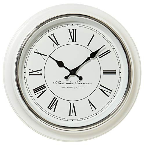 Whole House Worlds Classic Analog White Wall Clock, Italian Style, Sant Ambrogio, Quartz Movement, Roman Numerals, Over 1 Ft Diameter, Requires 1 AA Battery (Not Included)