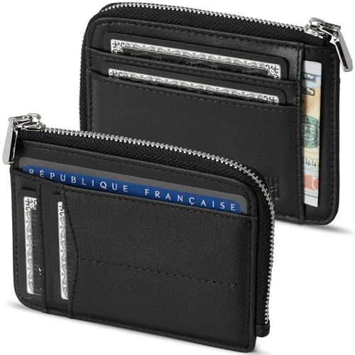 HUYAMI Porte Carte de Crédit en Cuir Ultra Fin – Blocage et Sécurité Anti RFID – Porte-Monnaie intégré avec Zip – Portefeuille Rigide en Cuir – Jusqu’à 6 Cartes bancaires (Noir)