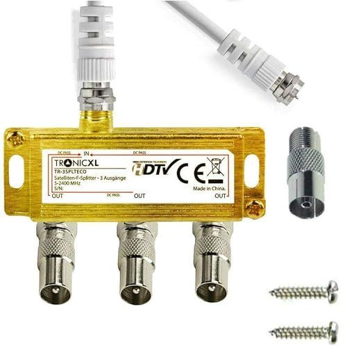 TronicXL Splitter satellitare a 3 prese IEC distributore di antenna, 3 cavi TV, adattatore per televisione via cavo, coassiale, compatibile con Unitymedia Vodafone Netcom PYUR komro RFT EWE TEL