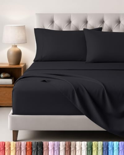 Utopia Bedding Juego de Sabanas 4 Piezas, 135x190cm, Negro | Sábana Bajera, Sábana Plana y 2 Fundas de Almohada 50x75 - Cama 135 - Oeko-Tex Certificado - Poliéster Microfibra Cepillada