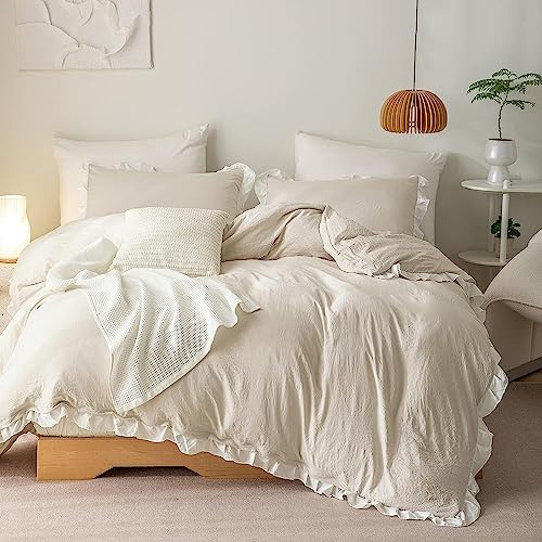 Lanqinglv Rüschen Bettwäsche 200x200 Beige Weiß,ÖKO-TEX Zertifiziert | Romantisch Bettwäsche für Allergiker,Landhausstil,Microfaser Aesthetic Bettbezug mit Reißverschluss und 2 Kissenbezug 80x80