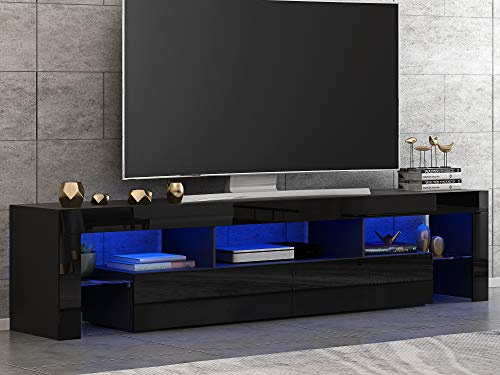 Panana 160cm TV Unit, Modern TV Stand with LED Light, Five open shelves and two drawers TV Cabinet for living room furniture (Black)
