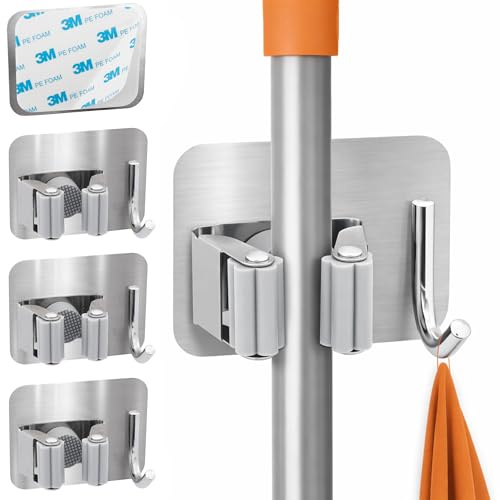 ECENCE Besenhalterung Wand selbstklebend 4 Stück Gerätehalter | Besenhalter Silber aus Edelstahl ohne Bohren, Mophalterung für Küche, Bad, Balkon & Garten