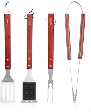Tower 4 Piece BBQ Tool Set with Red Maple Wood Handles, Spatula, Fork, Tongs & Cleaning Brush, Stainless Steel