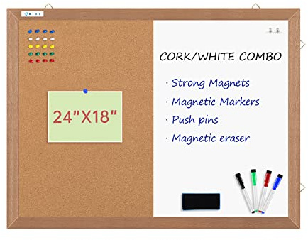 Combination Magnetic Whiteboard Cork Bulletin Board, 24 X 18“ Combo Dry Erase White Board Cork Pin Board for Wall with Natural Wood Frame…