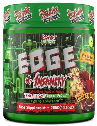 New #1 Strongest PWO Psycho Pharma Edge of Insanity - Most Intense Pre Workout Powder for, Focus, Power & Energy. Premium researched Formula and Ingredients - 295g
