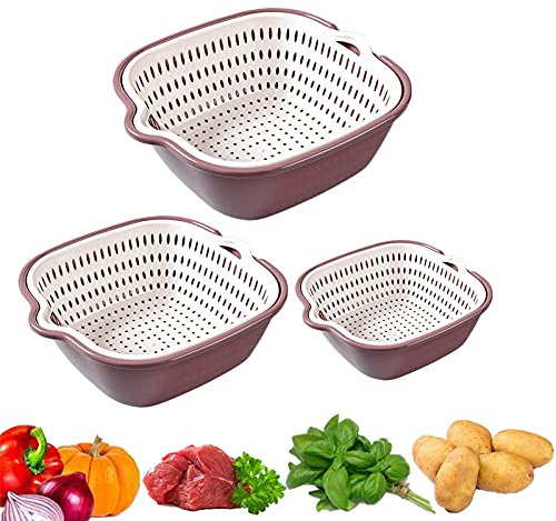 Koomuao 3er set Küche Abtropfsieb 2 in 1 Doppelschicht-Seiher Sieb Multifunktionales Spülbecken Plastik Küchensieb zum Abtropfen von Gemüse, Obst, Nudeln (Lila-weiß)
