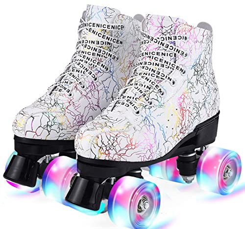 Damen Klassische Retro Rollschuhe,Rollschuhe mit Vier Rollen in Doppelreihe,Classic Roller, Rollschuhe für Kinder,LED Rollschuhe, ideal für Anfänger, komfortable Roller-Skates (Weiß-1, 36)