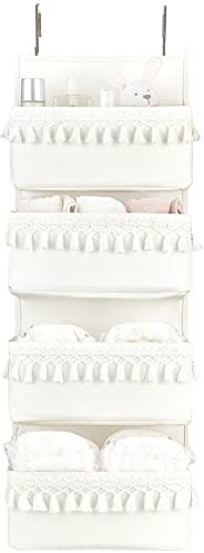 Dahey Tür-Organizer, Boho-Stil, Kinderzimmer, Dekoration, Schrank, Hängeorganizer mit Quasten, Dekoration für Schlafzimmer, Kinderzimmer, Badezimmer, Wohnheim, Speisekammer, 4 Taschen, Weiß