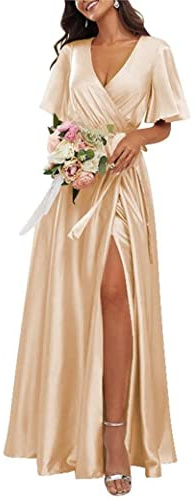 Satin A Line veckad balklänning kortärmad v-ringad formell klänning med slits för kvinnor, Champagne, 44 SE