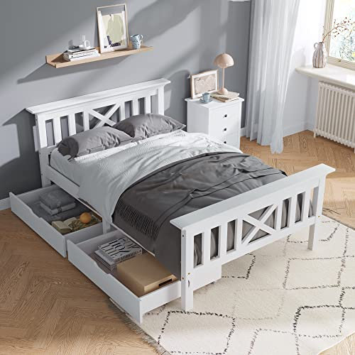 Merax Single Bed Wooden Frame, Solid Pine Wood Storage Bed Frame with Drawers, 3FT Guest Bed for Adults, Kids, Teenagers, Bedroom Furniture, 90 x 190cm, White