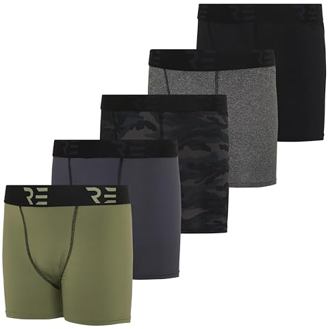 Real Essentials 5 Pack: Youth Boys' Compression Shorts - Performance Boxer Briefs Athletic Spandex Underwear-Set 8, L (10/12)