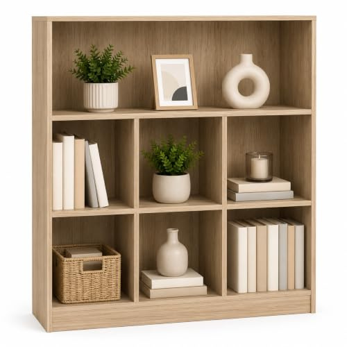 URBNLIVING Wide Wooden 7 Cube Bookcase Storage Unit (Oak, Wide)