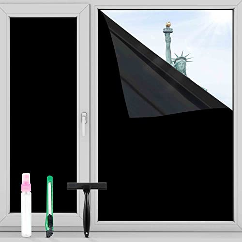 FuFin Total Blackout Window Privacy Film with Free Installation Tools,Explosion-Proof PET Material,Blocks 100% of UV and Light Rays.Heat Control Room Darkening Window Cover(Total Black 17.5×196.9)