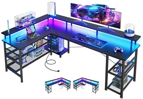 ODK 66 L Shaped Gaming Desk with Power Outlet and LED Lights, PC Gaming Table with Carbon Fiber Texture, Reversible L Shape Desk with Storage Shelves & Monitor Stand, Home Office Desk, Black